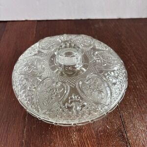 Vintage KIG Malaysia Candy Dish Clear Pressed Glass Hearts and Roses w/ Lid Chip